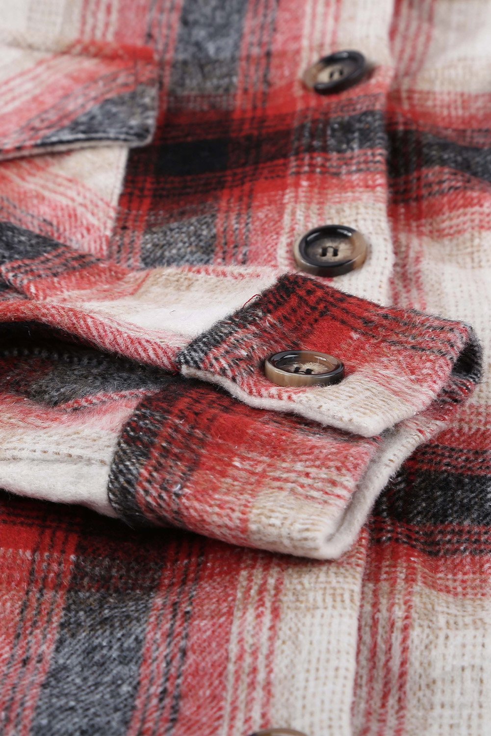 Women's Fall Red Turn Down Neck Plaid Pocket Button Closure Coat featuring a classic plaid pattern and button closure.