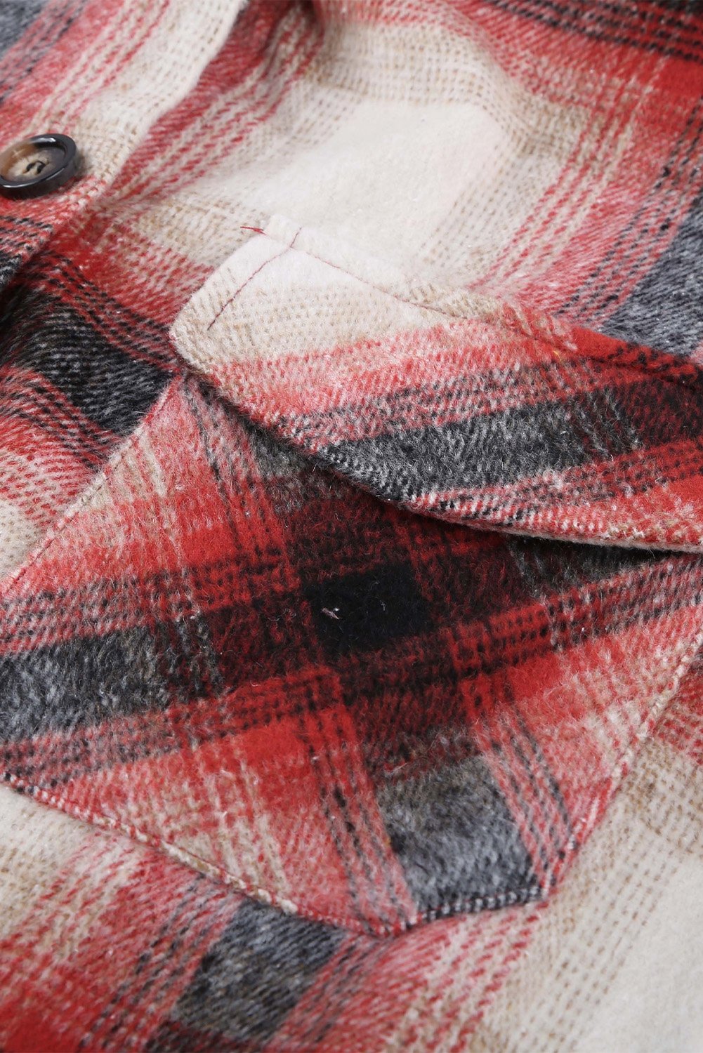 Women's Fall Red Turn Down Neck Plaid Pocket Button Closure Coat featuring a classic plaid pattern and button closure.