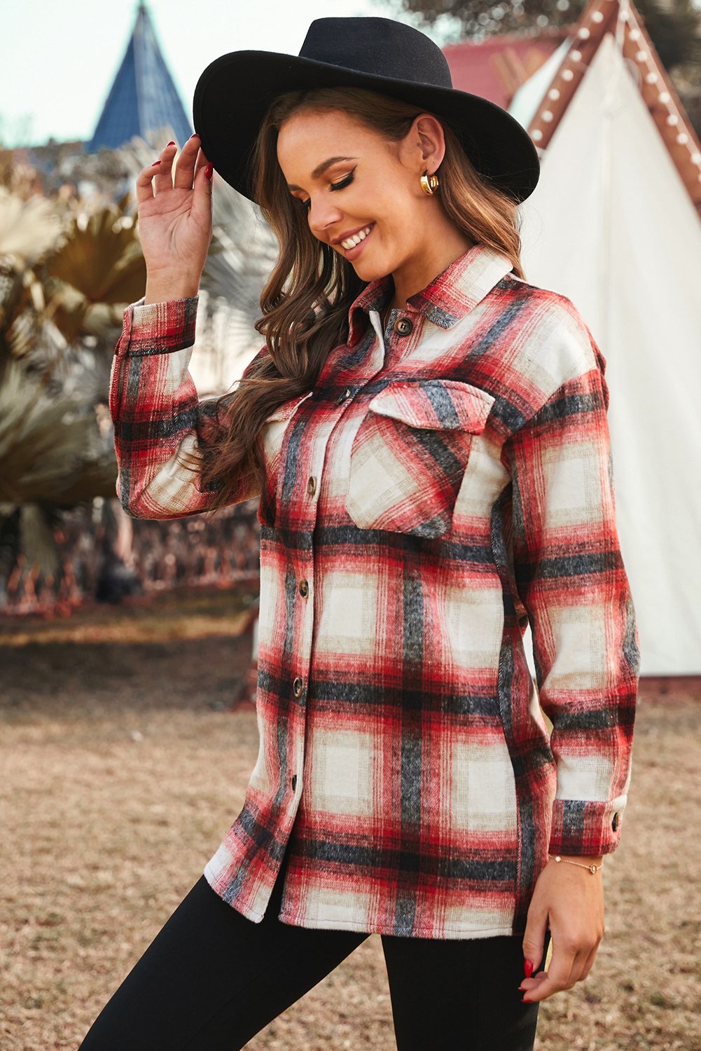 Women's Fall Red Turn Down Neck Plaid Pocket Button Closure Coat featuring a classic plaid pattern and button closure.