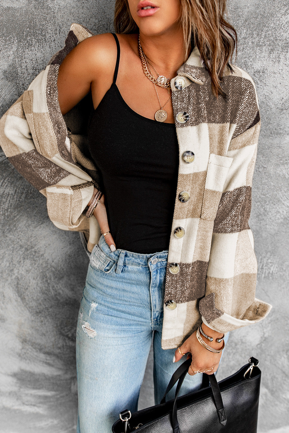 Women's Khaki Plaid Color Block Buttoned Pocket Long Sleeve Shirt displayed on a mannequin, showcasing its stylish design and full sleeves.