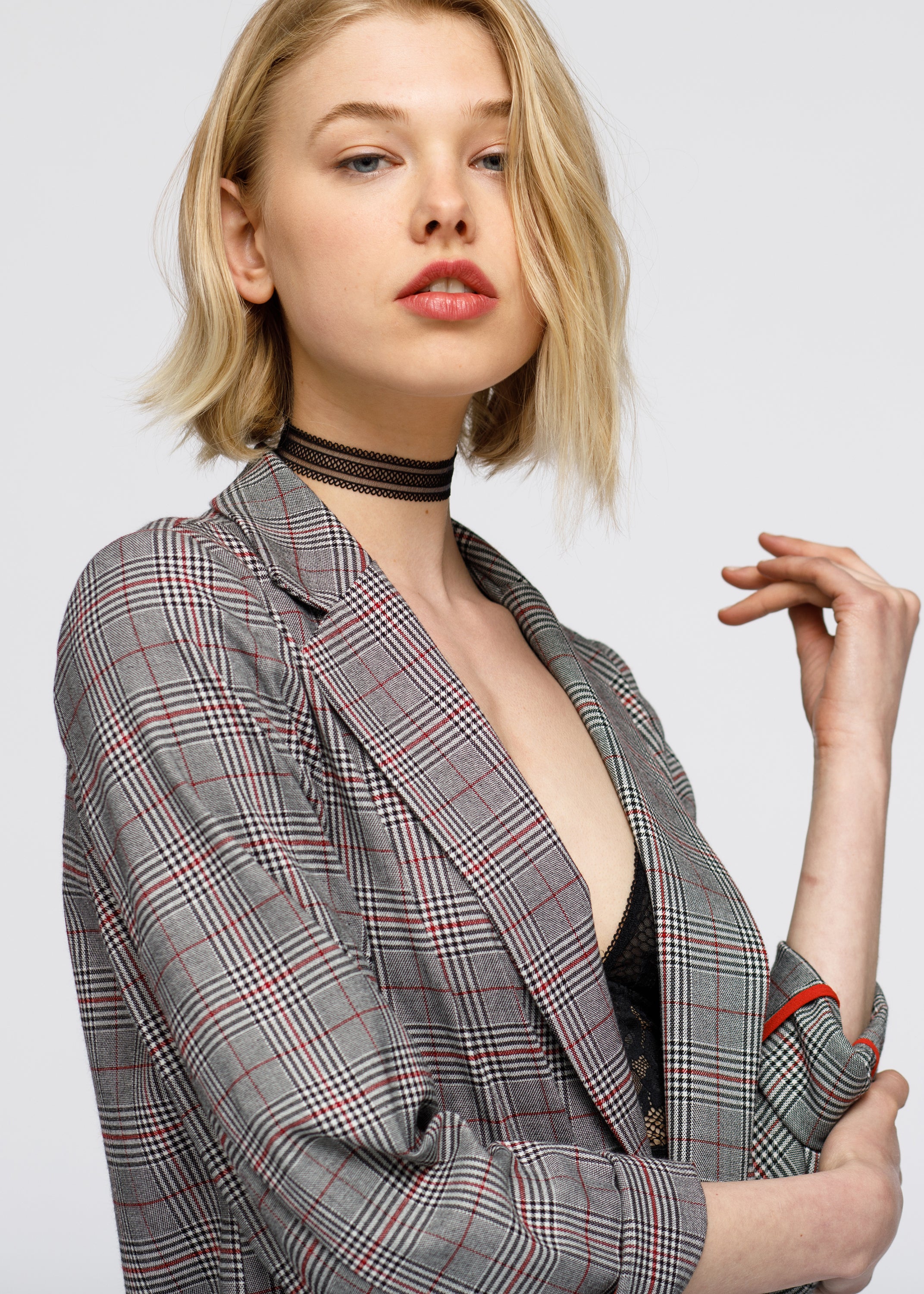 Women's Multi Glen Plaid Blazer in Grey Plaid featuring a notched collar and front flap pockets, showcasing a stylish multi glen plaid pattern.