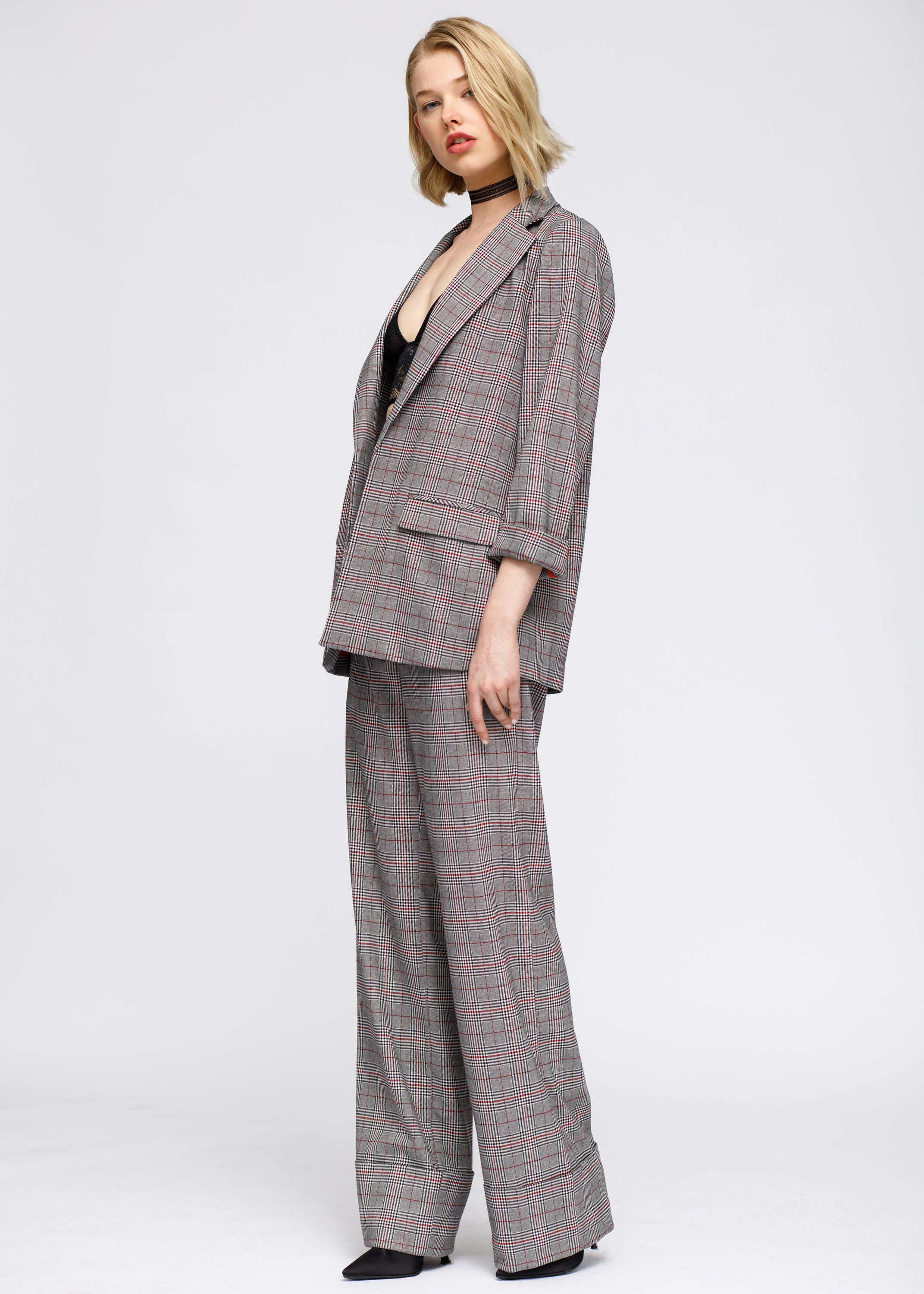 Women's Multi Glen Plaid Blazer in Grey Plaid featuring a notched collar and front flap pockets, showcasing a stylish multi glen plaid pattern.