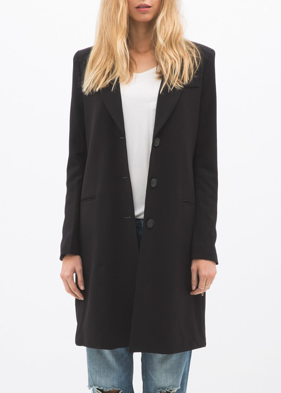 Women's Notch Lapel Longline Button Front Jacket featuring a stylish notch lapel, faux pocket hems, and large button closure, perfect for professional wear.