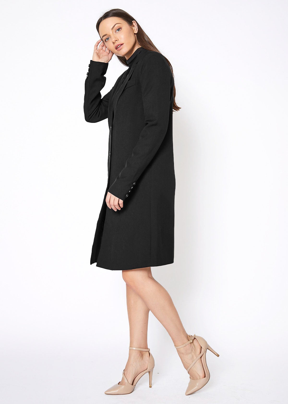 Women's Notch Lapel Longline Button Front Jacket featuring a stylish notch lapel, faux pocket hems, and large button closure, perfect for professional wear.