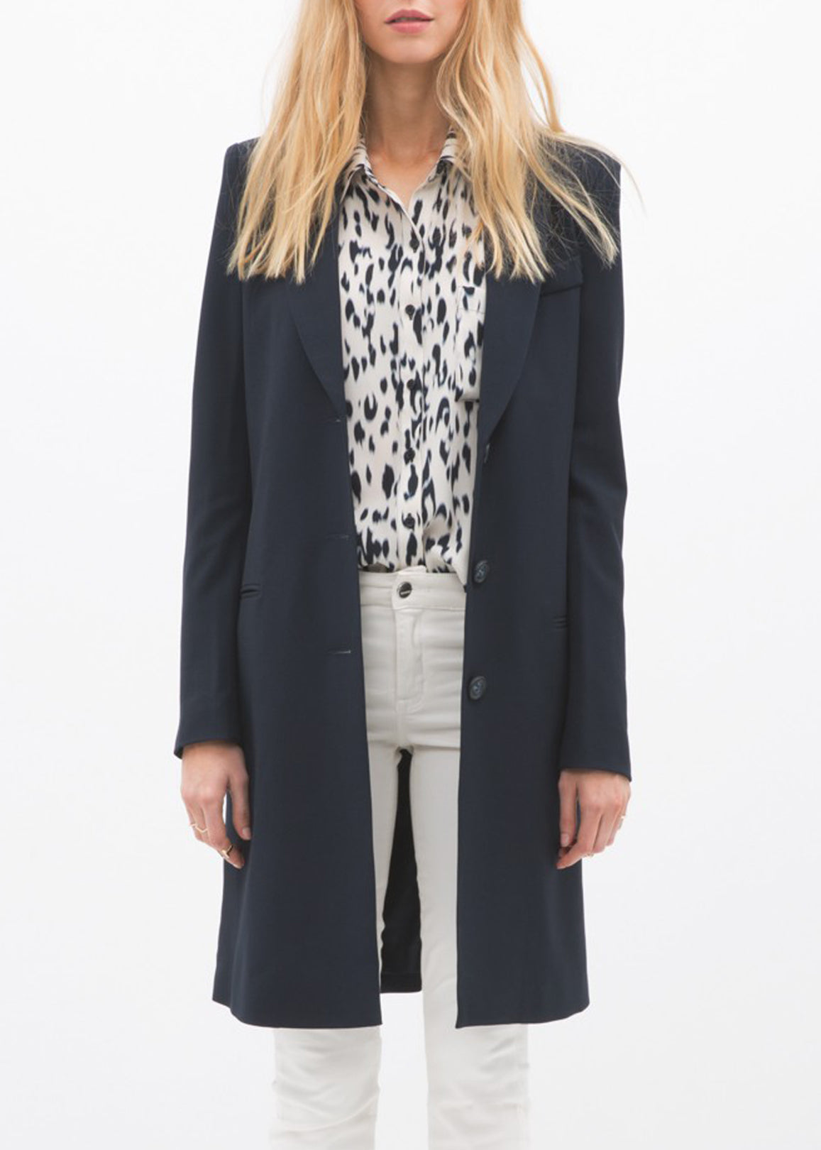 Women's Notch Lapel Longline Button Front Jacket featuring a stylish notch lapel, faux pocket hems, and large button closure, perfect for professional wear.