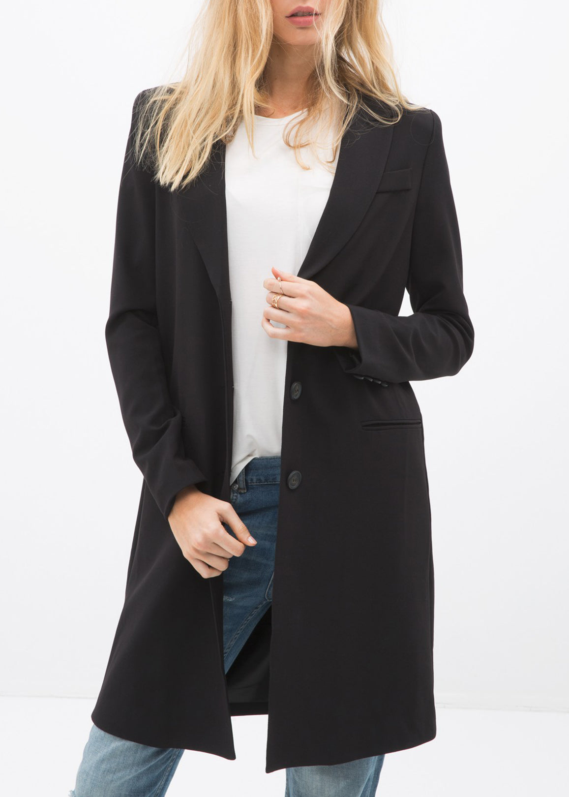 Women's Notch Lapel Longline Button Front Jacket featuring a stylish notch lapel, faux pocket hems, and large button closure, perfect for professional wear.