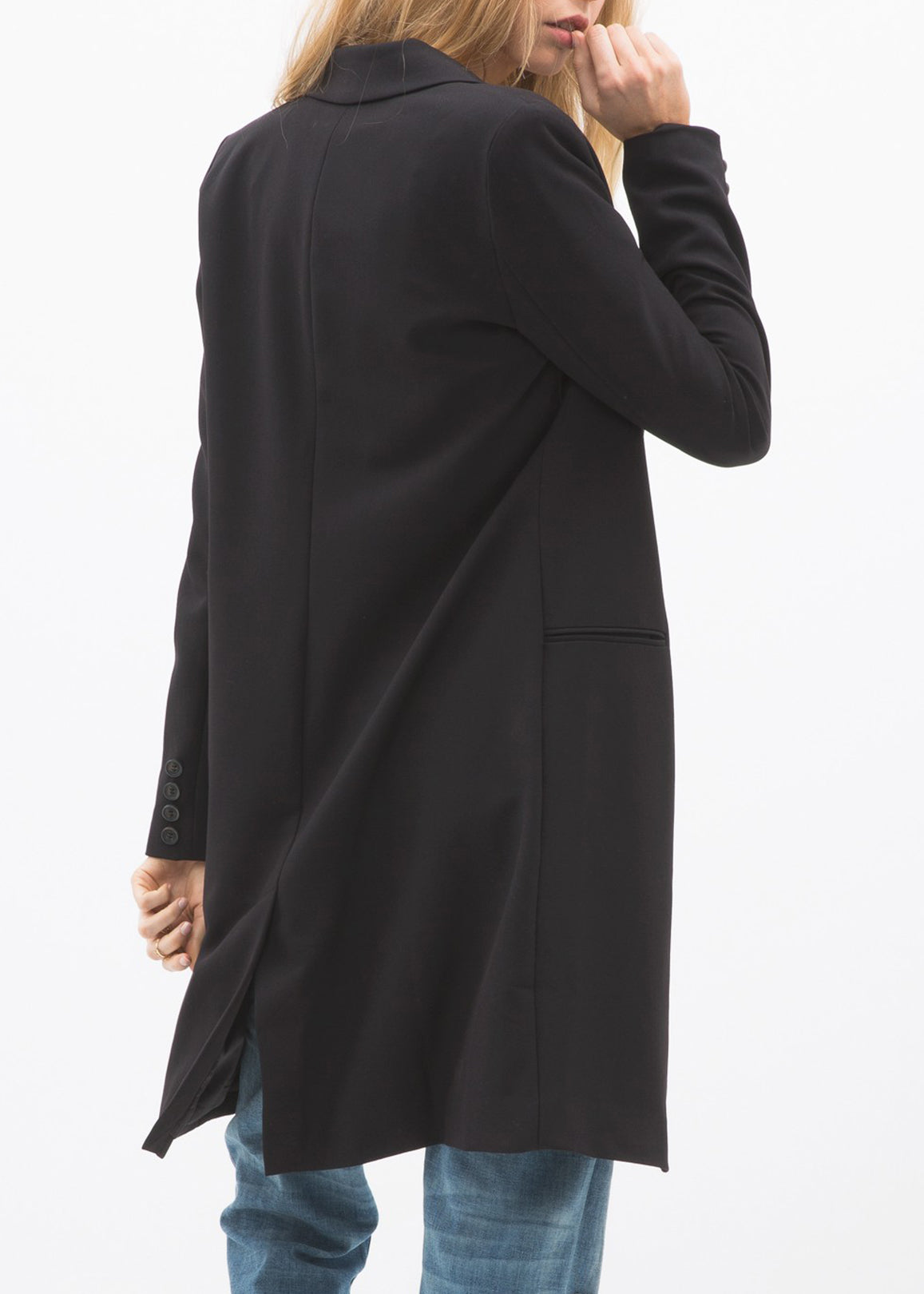 Women's Notch Lapel Longline Button Front Jacket featuring a stylish notch lapel, faux pocket hems, and large button closure, perfect for professional wear.