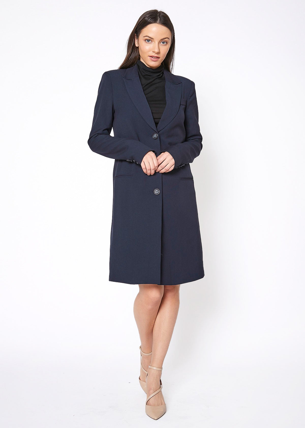 Women's Notch Lapel Longline Button Front Jacket featuring a stylish notch lapel, faux pocket hems, and large button closure, perfect for professional wear.