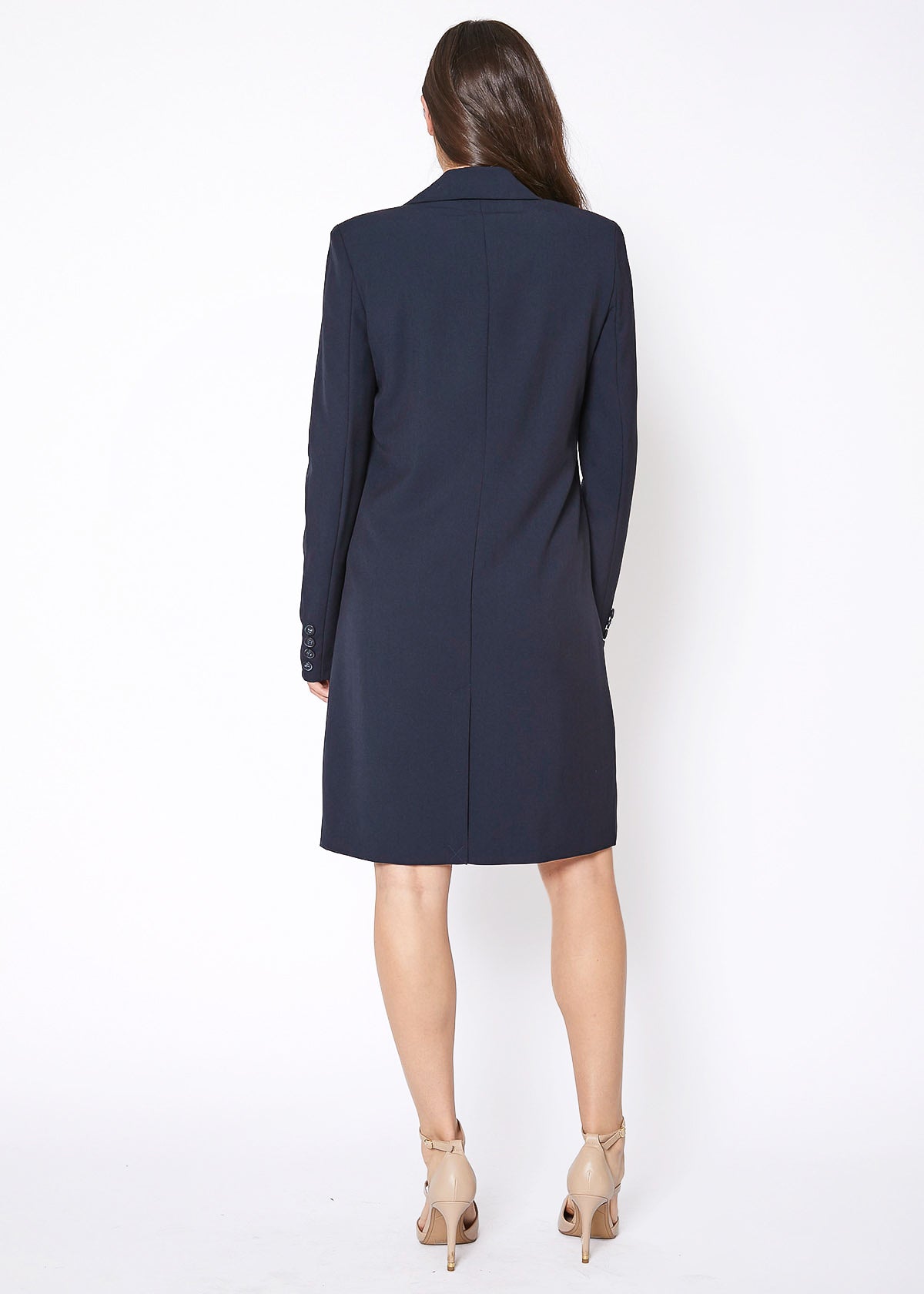 Women's Notch Lapel Longline Button Front Jacket featuring a stylish notch lapel, faux pocket hems, and large button closure, perfect for professional wear.