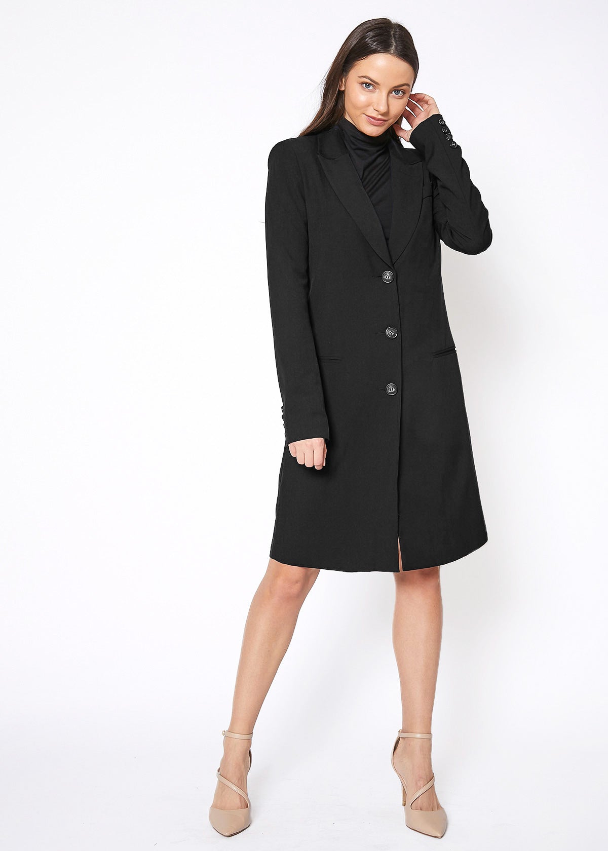 Women's Notch Lapel Longline Button Front Jacket featuring a stylish notch lapel, faux pocket hems, and large button closure, perfect for professional wear.