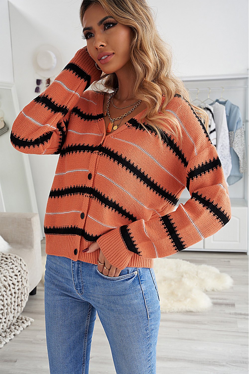 Womens Orange V Neck Stripes Colorblock Button Cardigan featuring a vibrant colorblock design and button closure, perfect for winter layering.