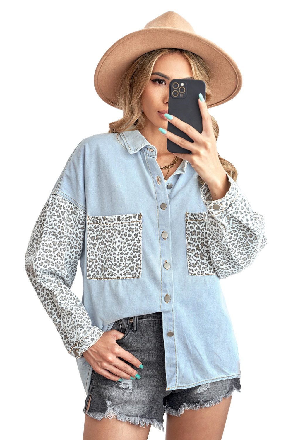 Women's Sky Blue Contrast Leopard Denim Jacket featuring leopard print sleeves and front snap closures, perfect for casual winter wear.