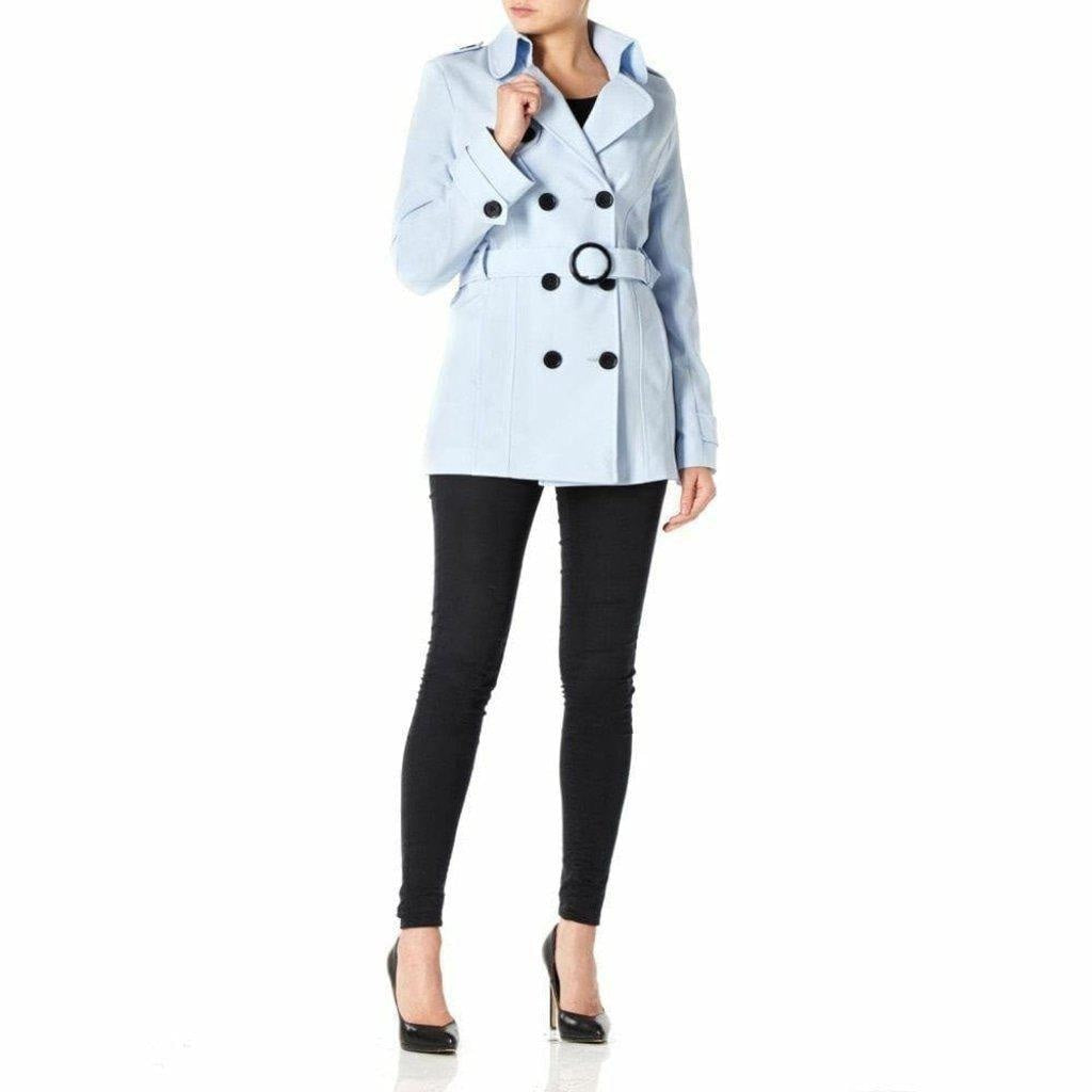 Women's Spring/Summer Double Breasted Short Belted Coat in a stylish design, featuring a waist-length cut and double-breasted fastening.