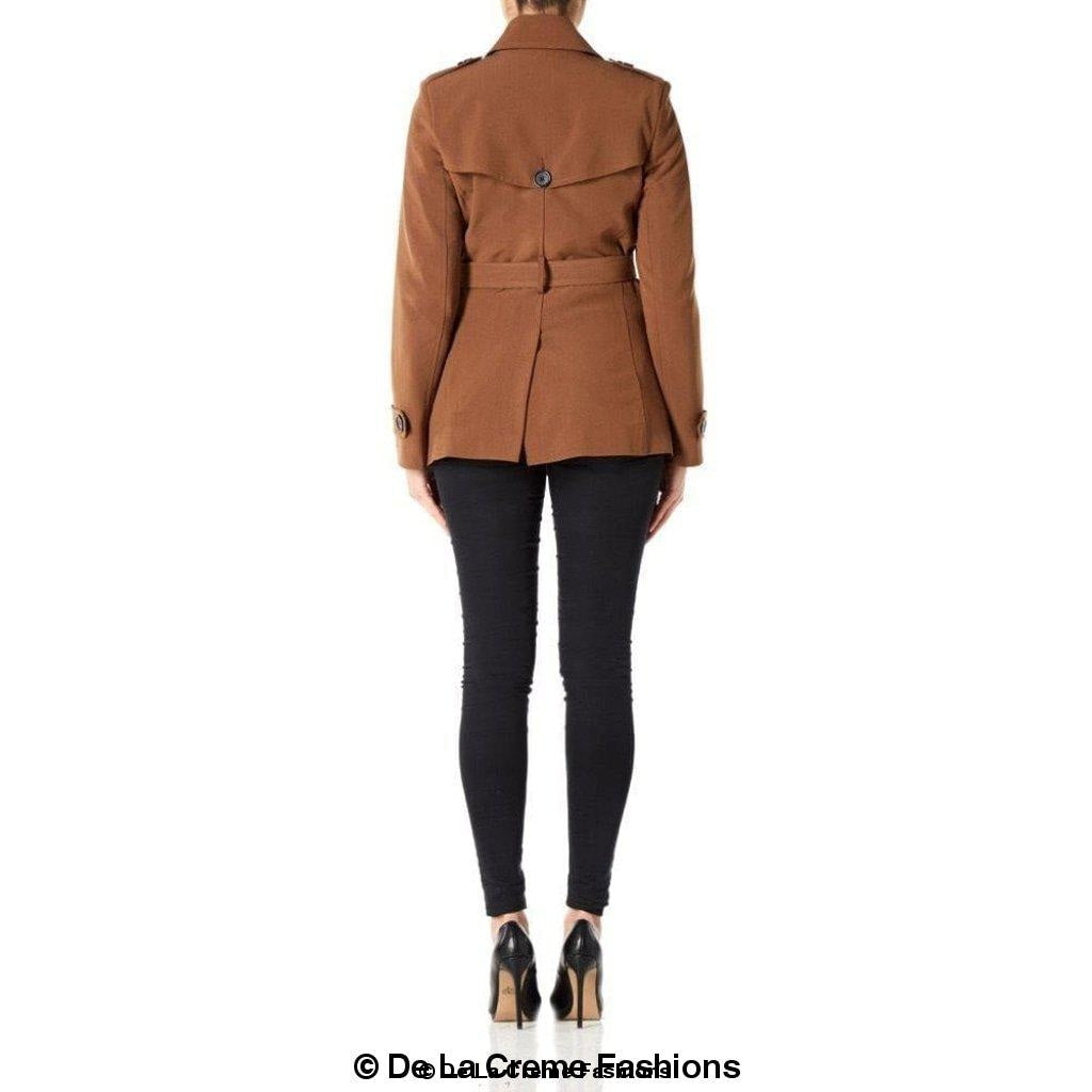 Women's Spring/Summer Double Breasted Short Belted Coat in a stylish design, featuring a waist-length cut and double-breasted fastening.