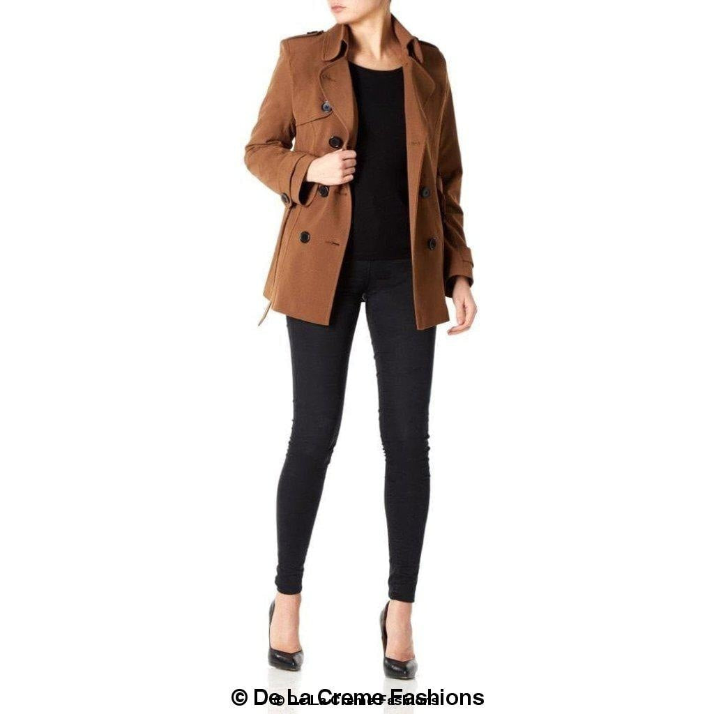 Women's Spring/Summer Double Breasted Short Belted Coat in a stylish design, featuring a waist-length cut and double-breasted fastening.