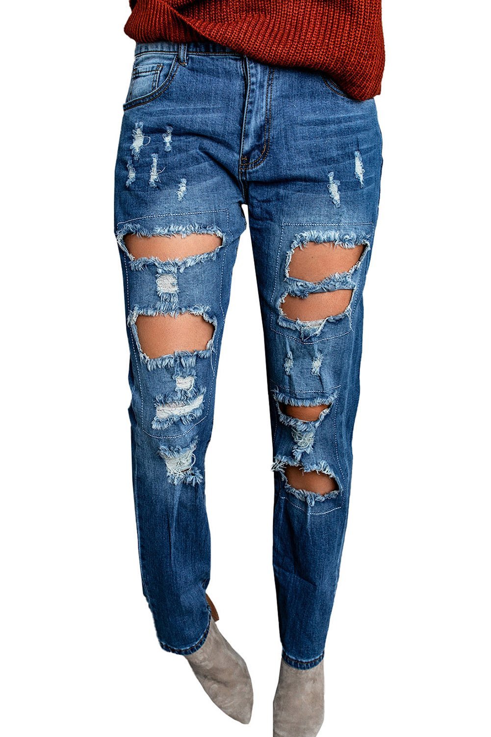 A pair of blue distressed ripped jeans showcasing stylish rips and a casual fit, perfect for various occasions.