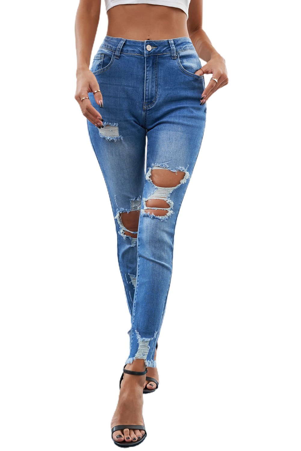 A pair of light blue distressed skinny jeans featuring a high waist, stylish holes, and pockets, perfect for casual wear.