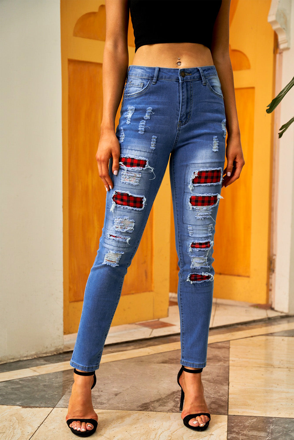 Fashion Blue Ripped Plaid Straight Legs Boyfriend Jeans showcasing a trendy plaid design with ripped details, perfect for casual and stylish outfits.