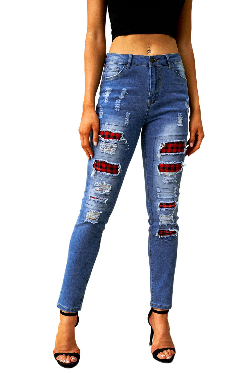 Fashion Blue Ripped Plaid Straight Legs Boyfriend Jeans showcasing a trendy plaid design with ripped details, perfect for casual and stylish outfits.