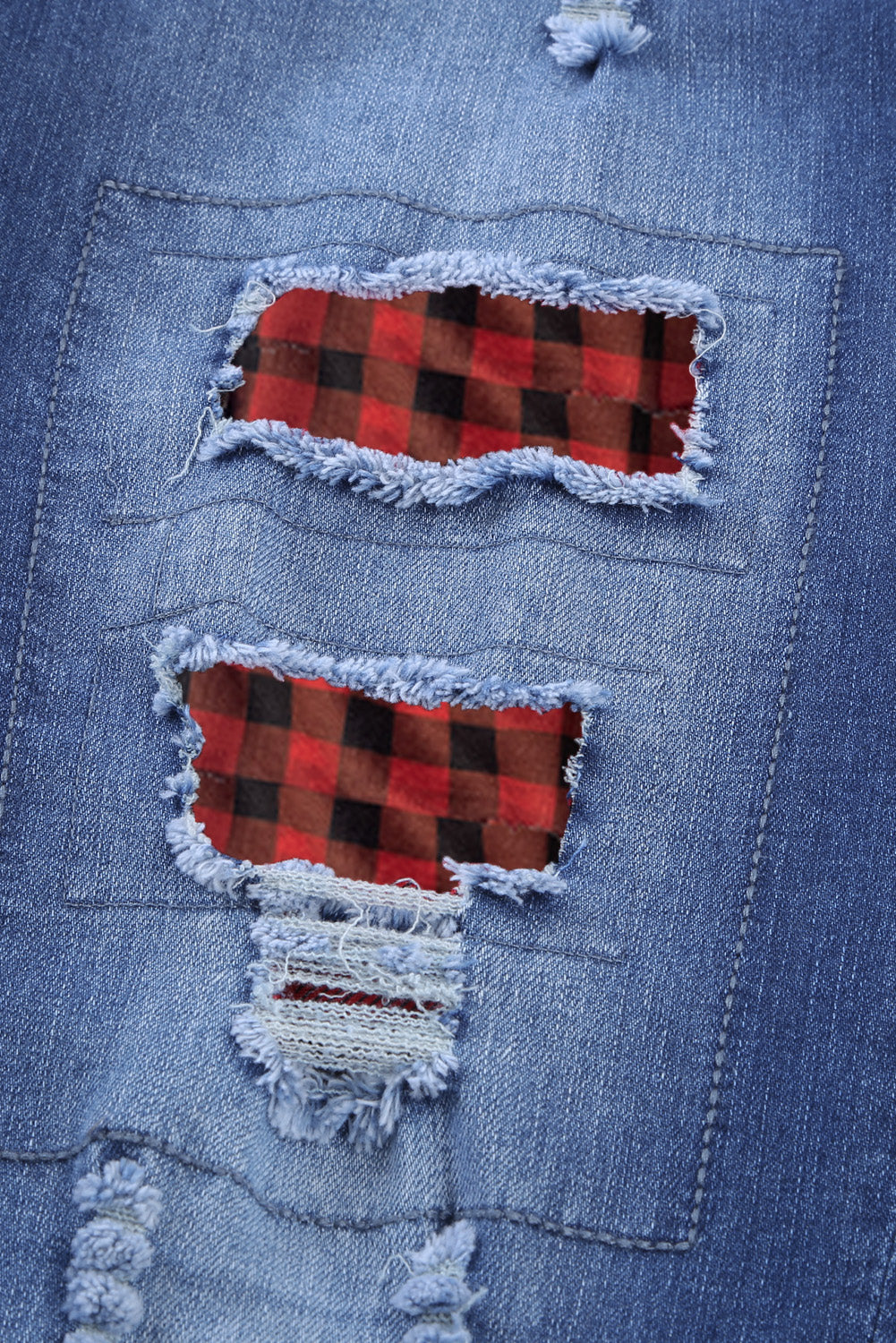 Fashion Blue Ripped Plaid Straight Legs Boyfriend Jeans showcasing a trendy plaid design with ripped details, perfect for casual and stylish outfits.