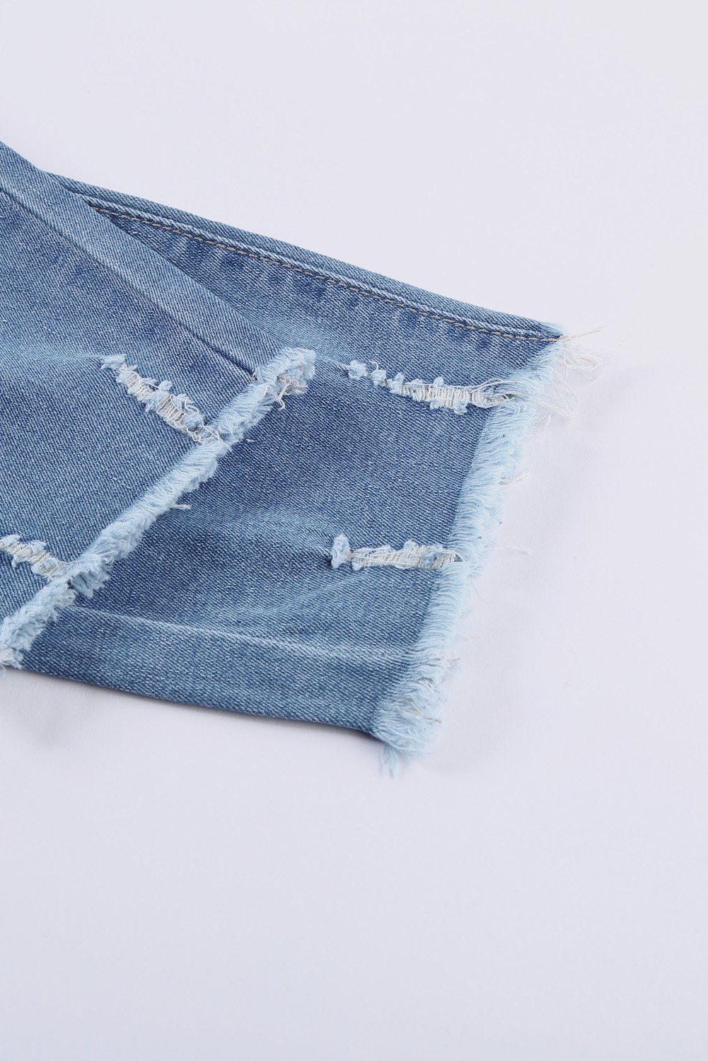 Fashion Light Blue Distressed Boyfriend Denim Pants featuring a medium rise fit, straight legs, and classic five-pocket design with distressed detailing.