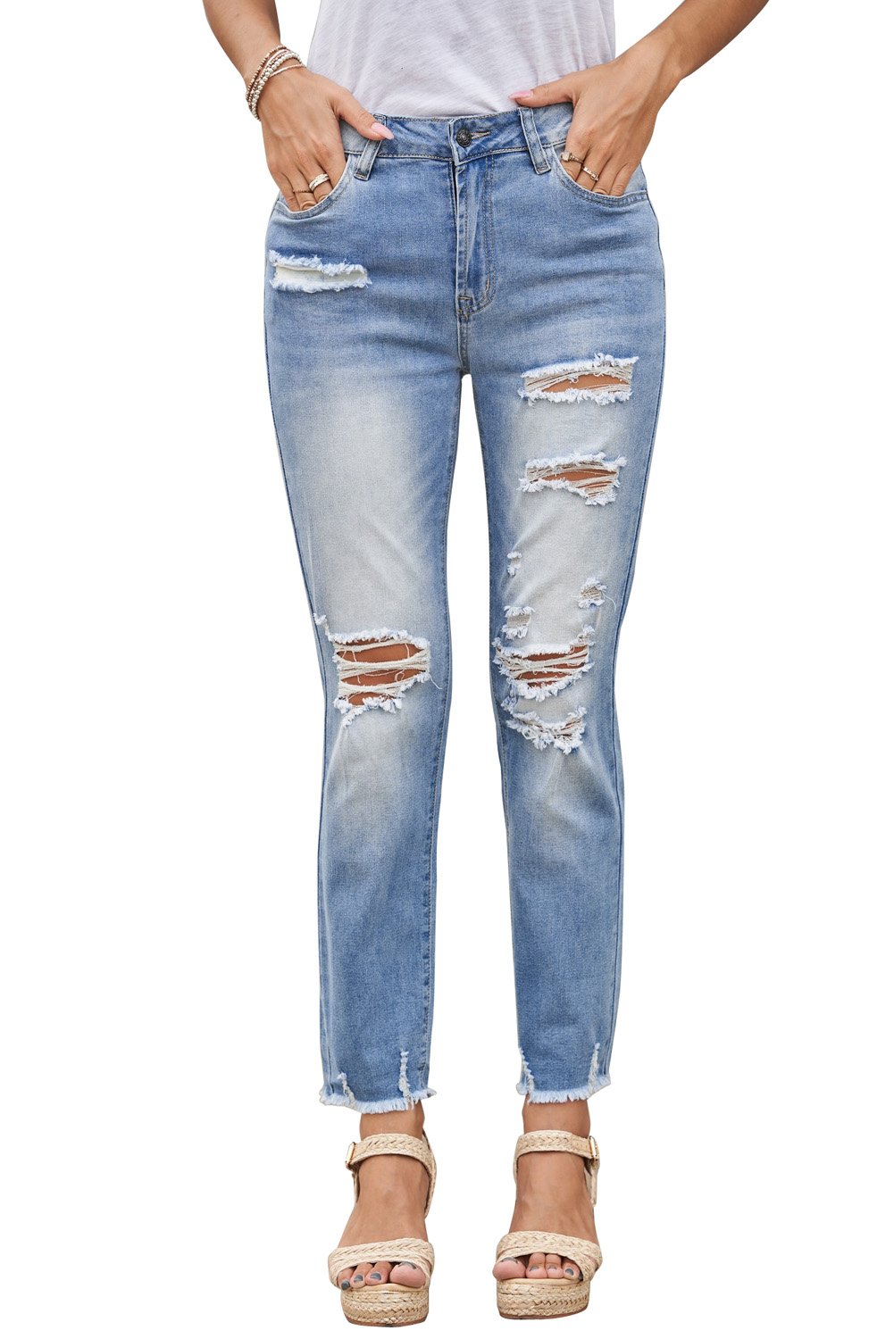 Fashion Light Blue Distressed Boyfriend Denim Pants featuring a medium rise fit, straight legs, and classic five-pocket design with distressed detailing.