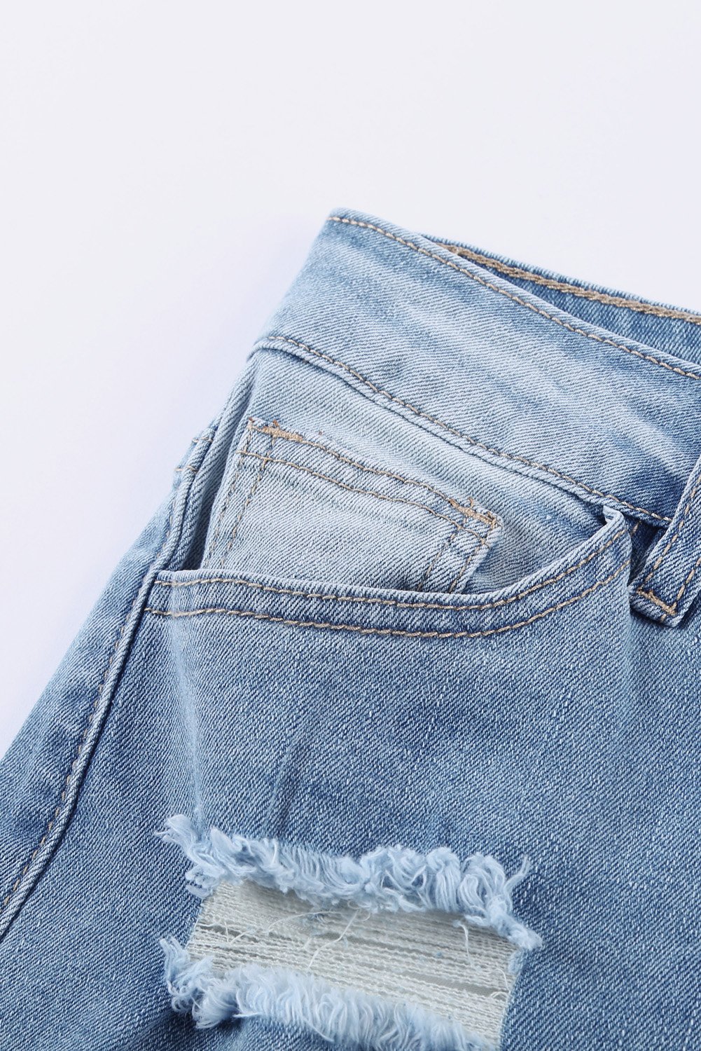 Fashion Light Blue Distressed Boyfriend Denim Pants featuring a medium rise fit, straight legs, and classic five-pocket design with distressed detailing.