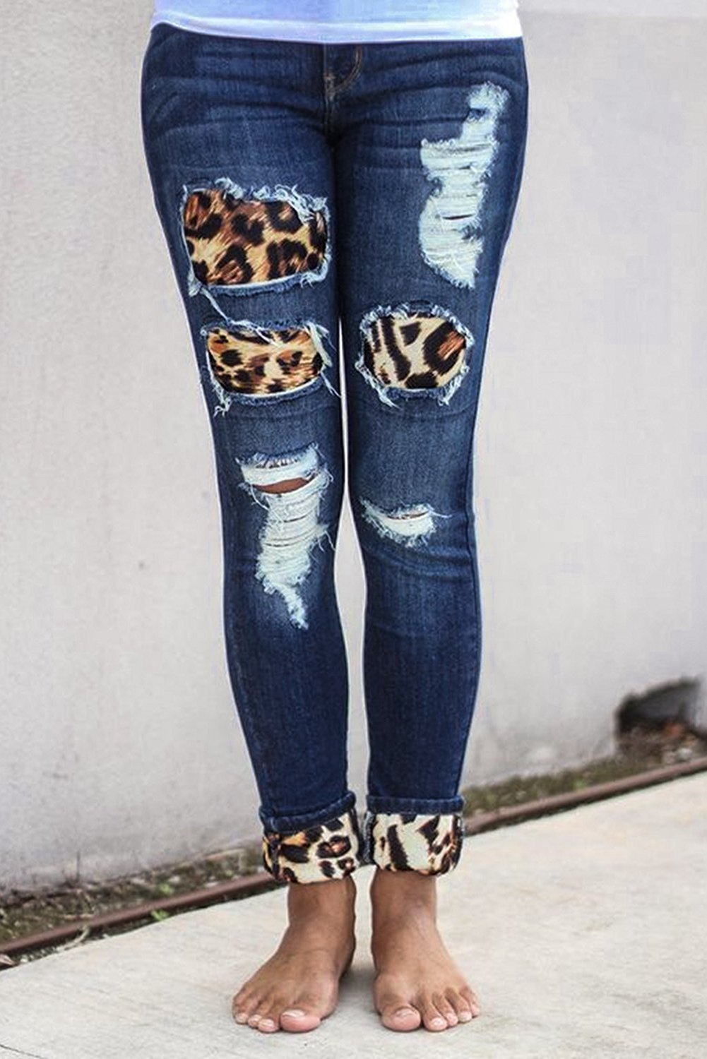 Main Fashion Women's Blue Hollow Out Leopard Splice Ripped Jeans image