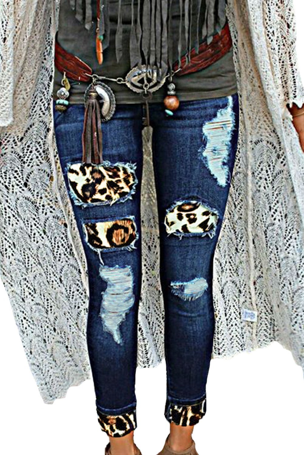 Fashion Women's Blue Hollow Out Leopard Splice Ripped Jeans showcasing a trendy design with hollow-out details and leopard splicing, perfect for casual wear.