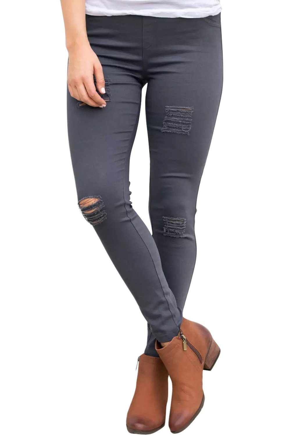 Gray distressed denim pants featuring front holes and a slim fit design, perfect for casual and trendy outfits.