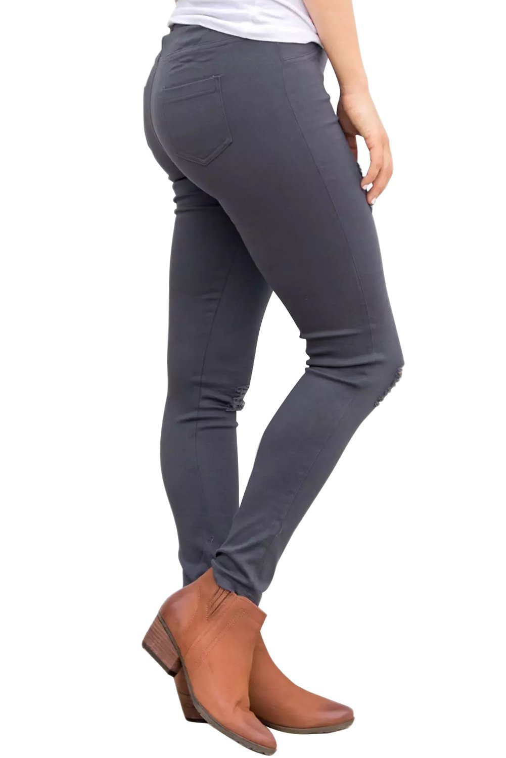 Gray distressed denim pants featuring front holes and a slim fit design, perfect for casual and trendy outfits.