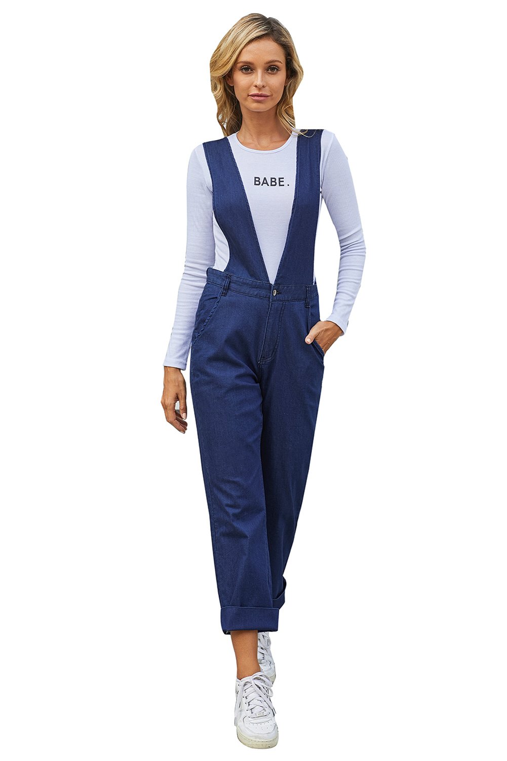 High Waist Denim Overall in dark blue, featuring adjustable straps and pockets, designed for a flattering fit and casual style.