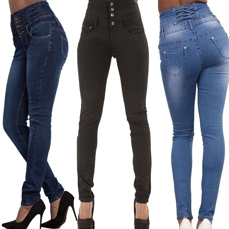 A pair of stylish high-quality denim pencil pants for women, featuring a light wash, high waist, and skinny fit, perfect for casual wear.