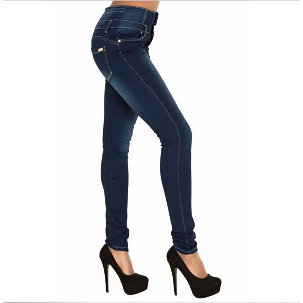 A pair of stylish high-quality denim pencil pants for women, featuring a light wash, high waist, and skinny fit, perfect for casual wear.