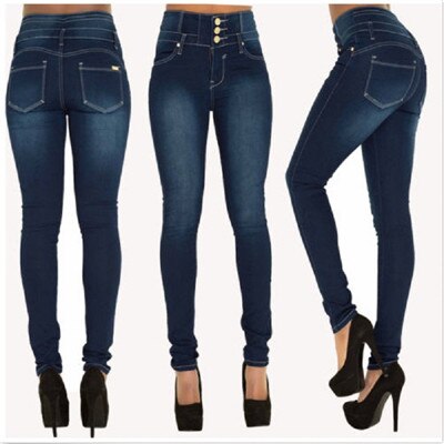 A pair of stylish high-quality denim pencil pants for women, featuring a light wash, high waist, and skinny fit, perfect for casual wear.