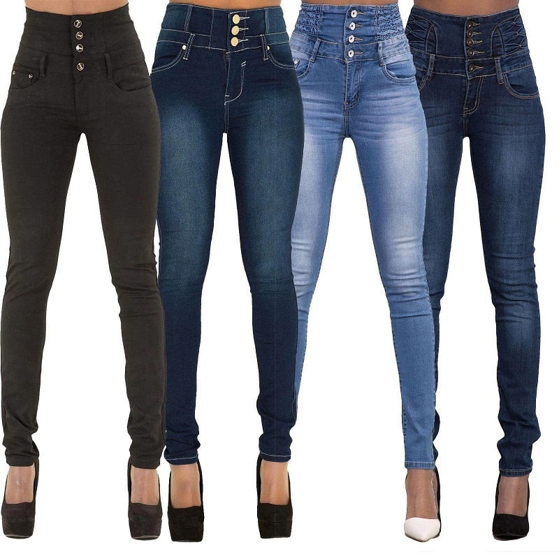 A pair of stylish high-quality denim pencil pants for women, featuring a light wash, high waist, and skinny fit, perfect for casual wear.