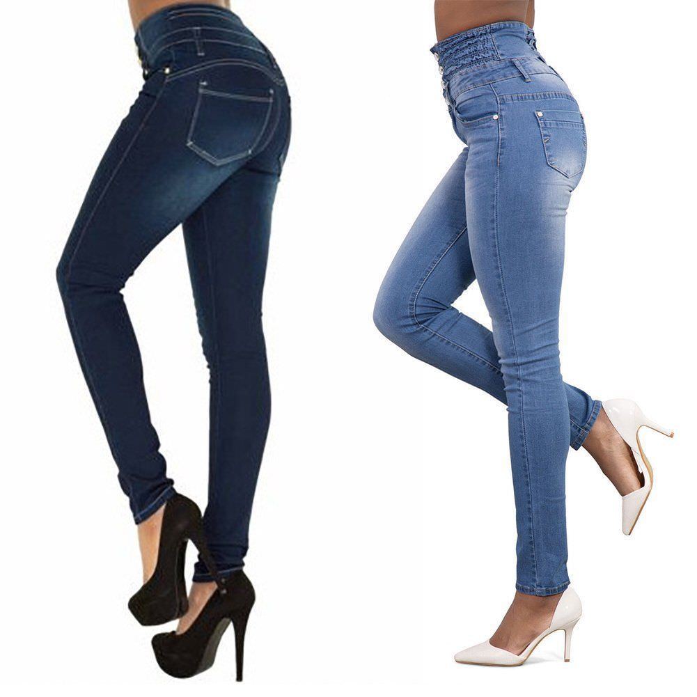 A pair of stylish high-quality denim pencil pants for women, featuring a light wash, high waist, and skinny fit, perfect for casual wear.