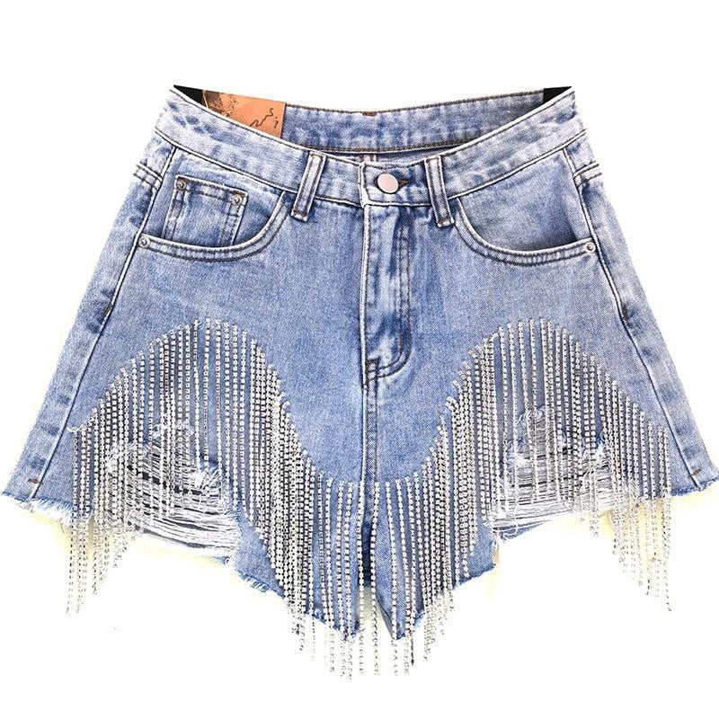 Women luxurious tassel rhinestone fringed hole jeans shorts, high waist design, showcasing stylish details and a flattering fit.