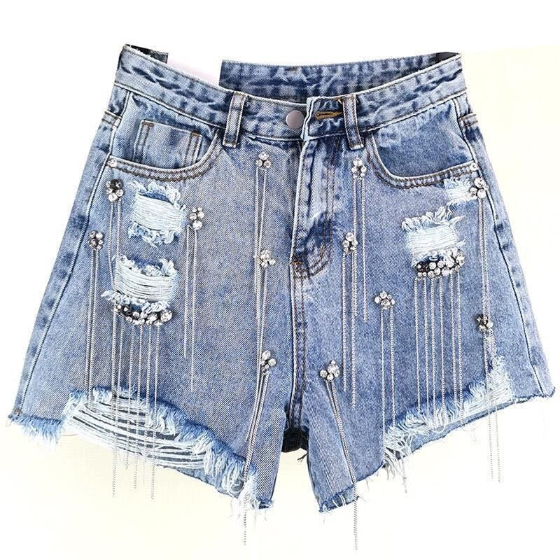 Women luxurious tassel rhinestone fringed hole jeans shorts, high waist design, showcasing stylish details and a flattering fit.