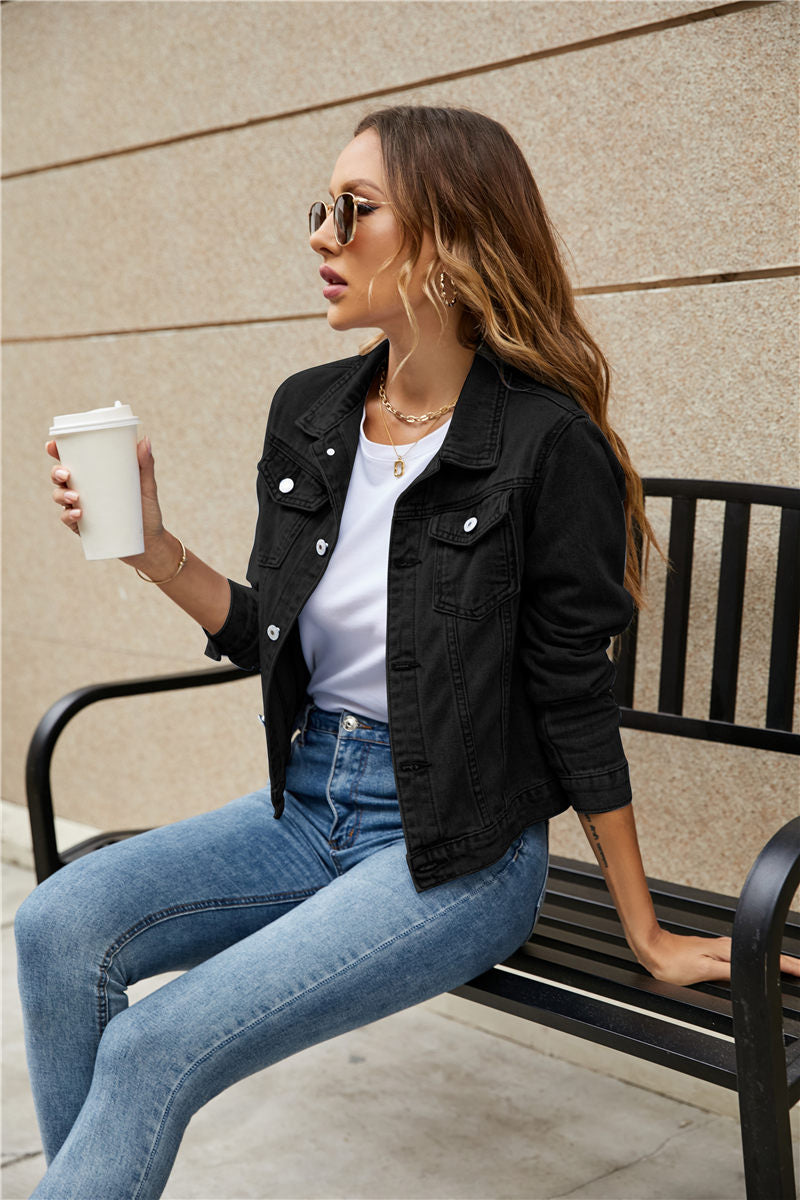 A stylish women's denim jacket featuring long sleeves, a slim fit, and a solid pattern, perfect for casual wear in fall and winter.