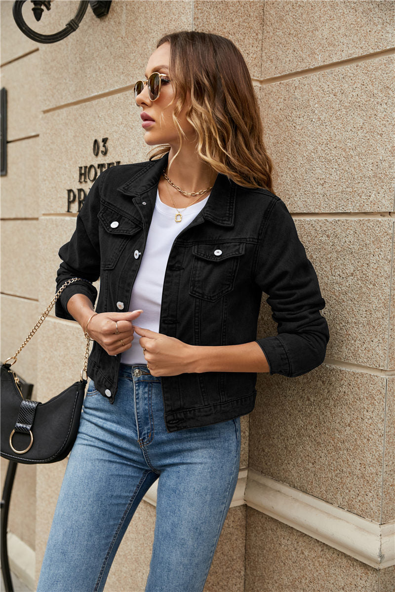 A stylish women's denim jacket featuring long sleeves, a slim fit, and a solid pattern, perfect for casual wear in fall and winter.