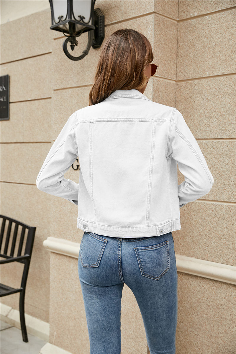 A stylish women's denim jacket featuring long sleeves, a slim fit, and a solid pattern, perfect for casual wear in fall and winter.