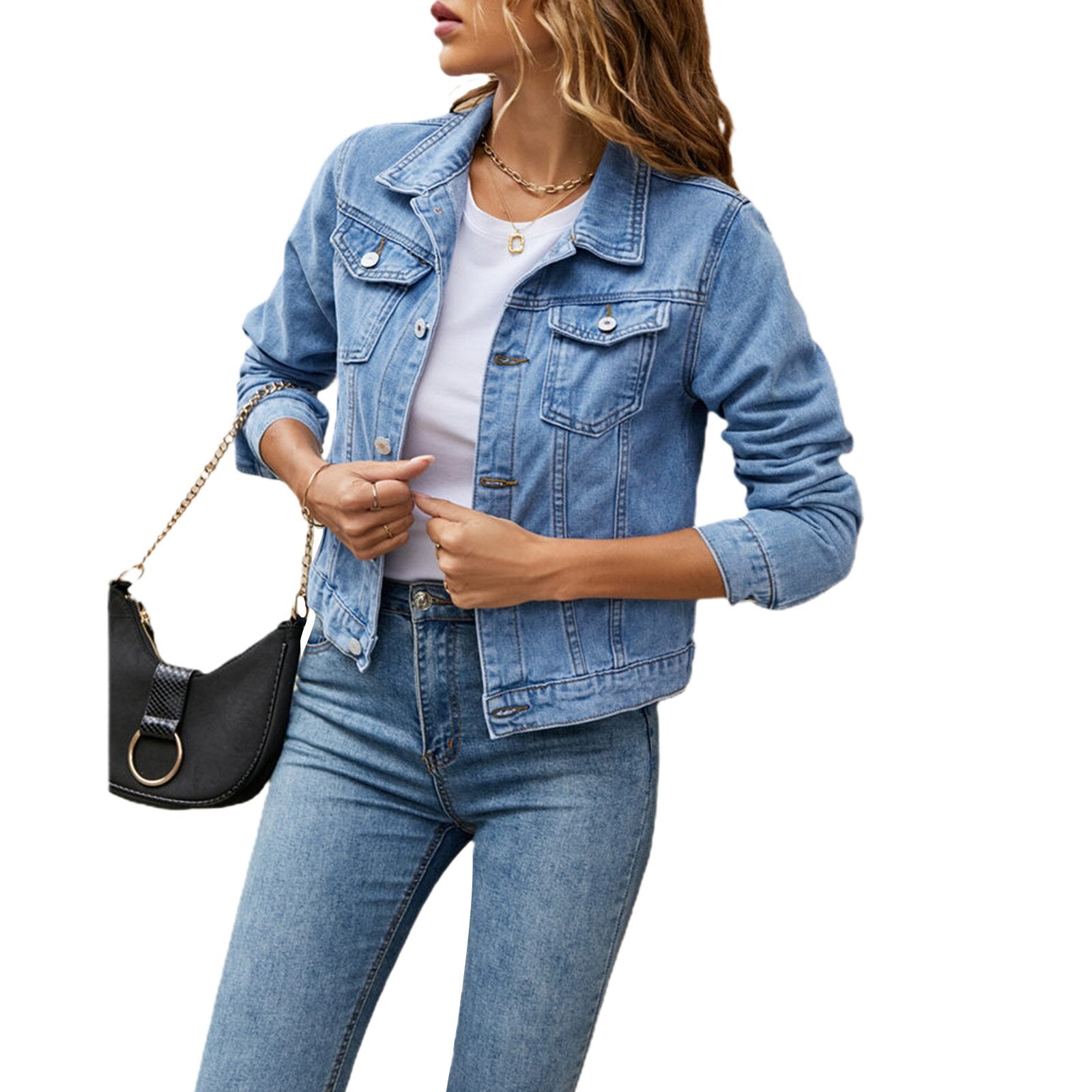 A stylish women's denim jacket featuring long sleeves, a slim fit, and a solid pattern, perfect for casual wear in fall and winter.