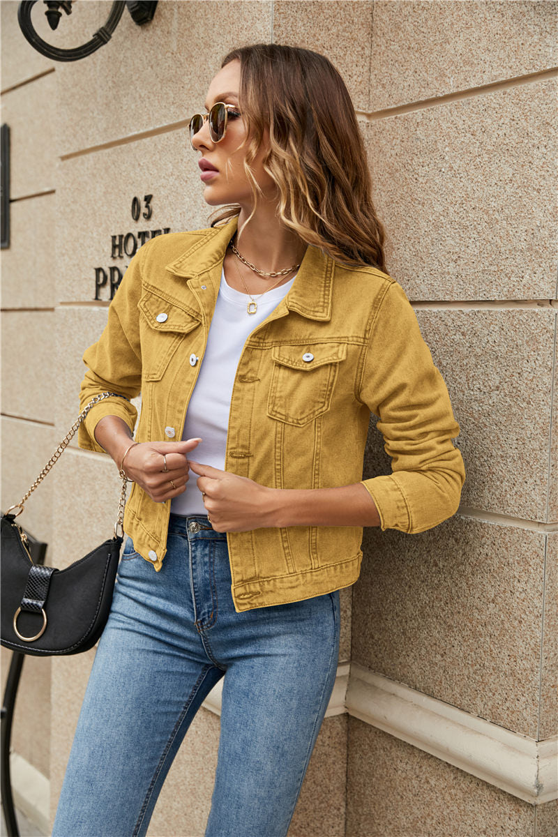 A stylish women's denim jacket featuring long sleeves, a slim fit, and a solid pattern, perfect for casual wear in fall and winter.