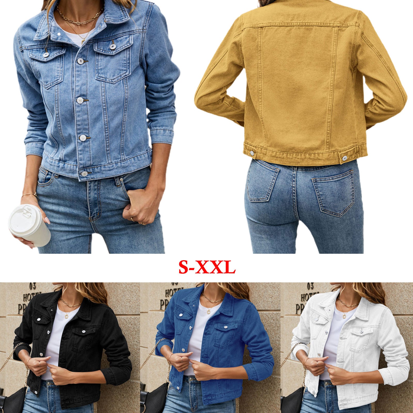 A stylish women's denim jacket featuring long sleeves, a slim fit, and a solid pattern, perfect for casual wear in fall and winter.