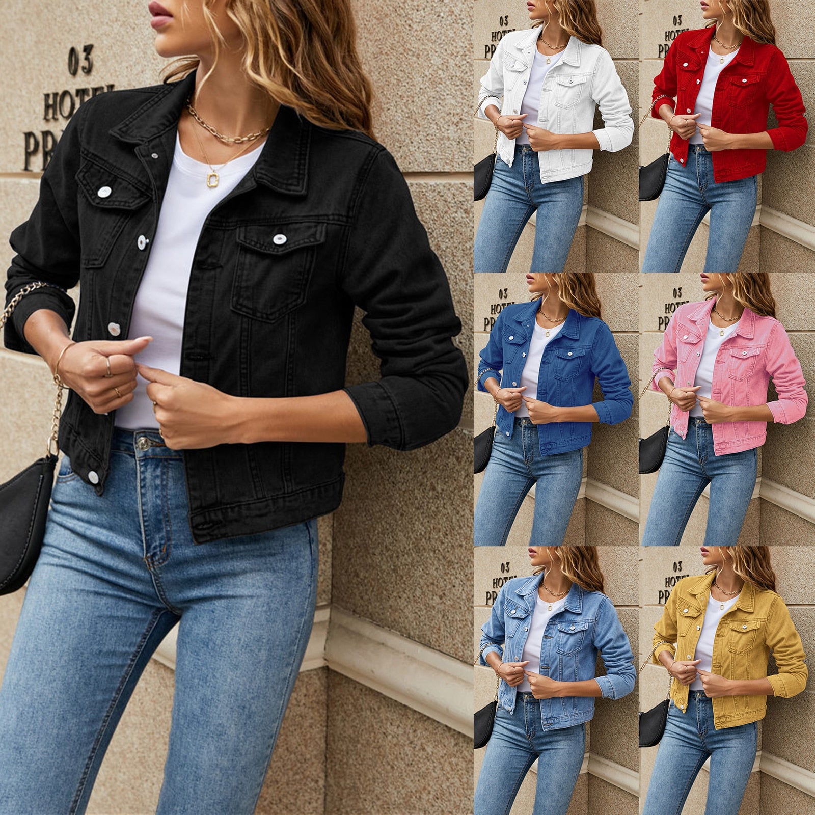 A stylish women's denim jacket featuring long sleeves, a slim fit, and a solid pattern, perfect for casual wear in fall and winter.