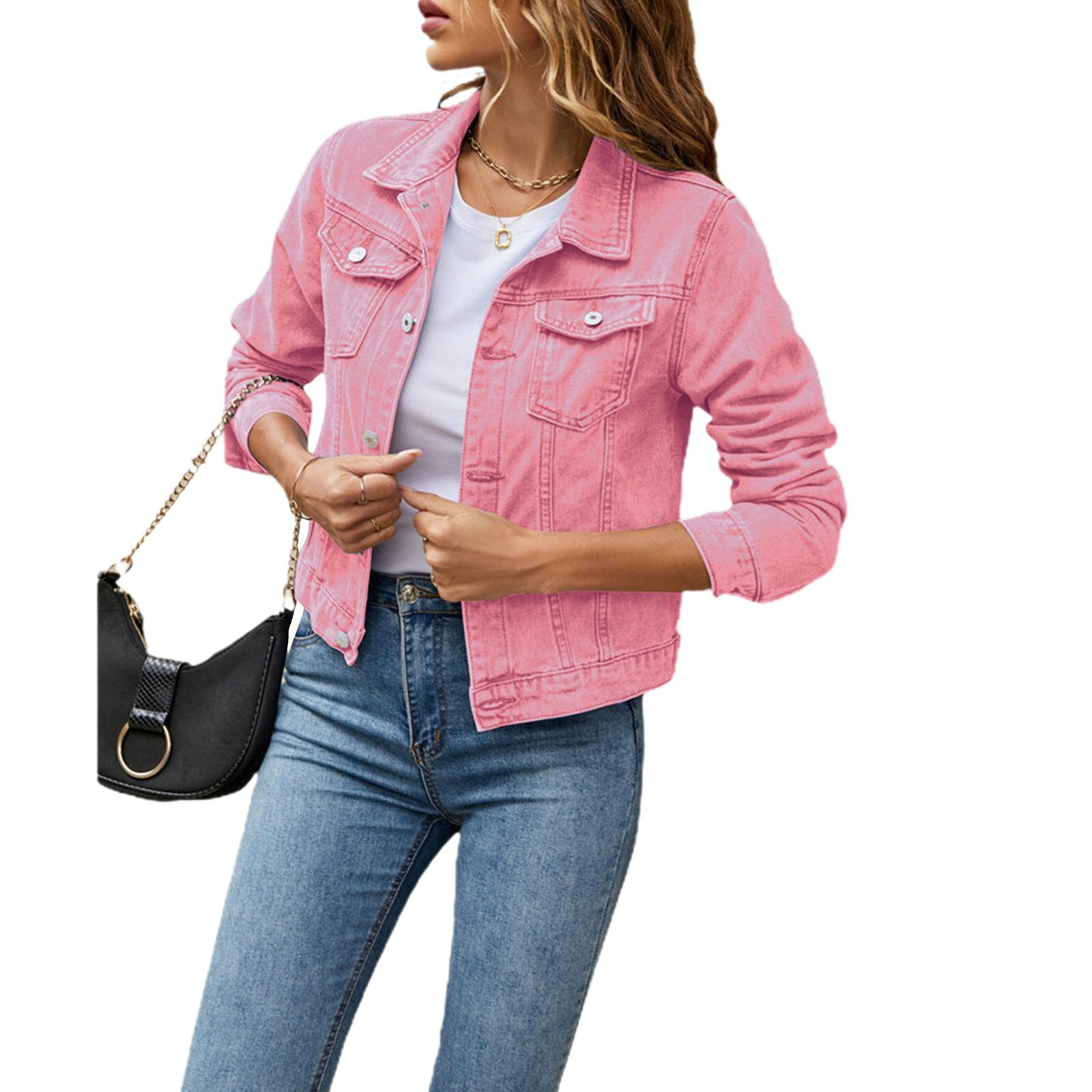 A stylish women's denim jacket featuring long sleeves, a slim fit, and a solid pattern, perfect for casual wear in fall and winter.