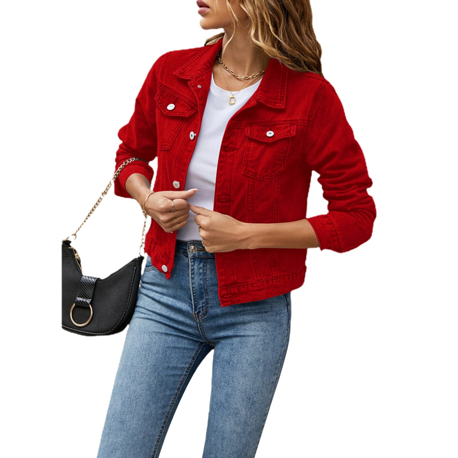 A stylish women's denim jacket featuring long sleeves, a slim fit, and a solid pattern, perfect for casual wear in fall and winter.