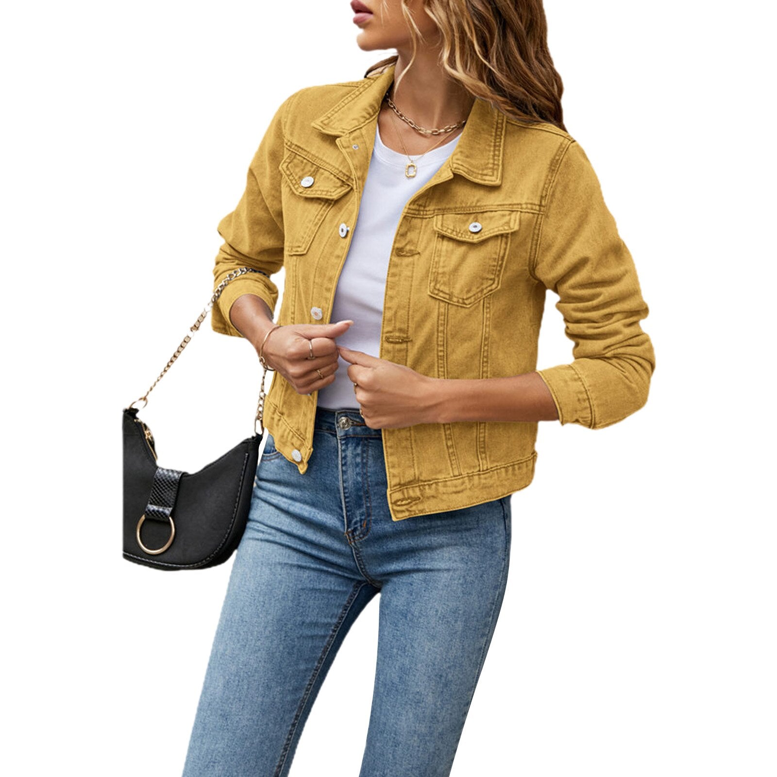 A stylish women's denim jacket featuring long sleeves, a slim fit, and a solid pattern, perfect for casual wear in fall and winter.