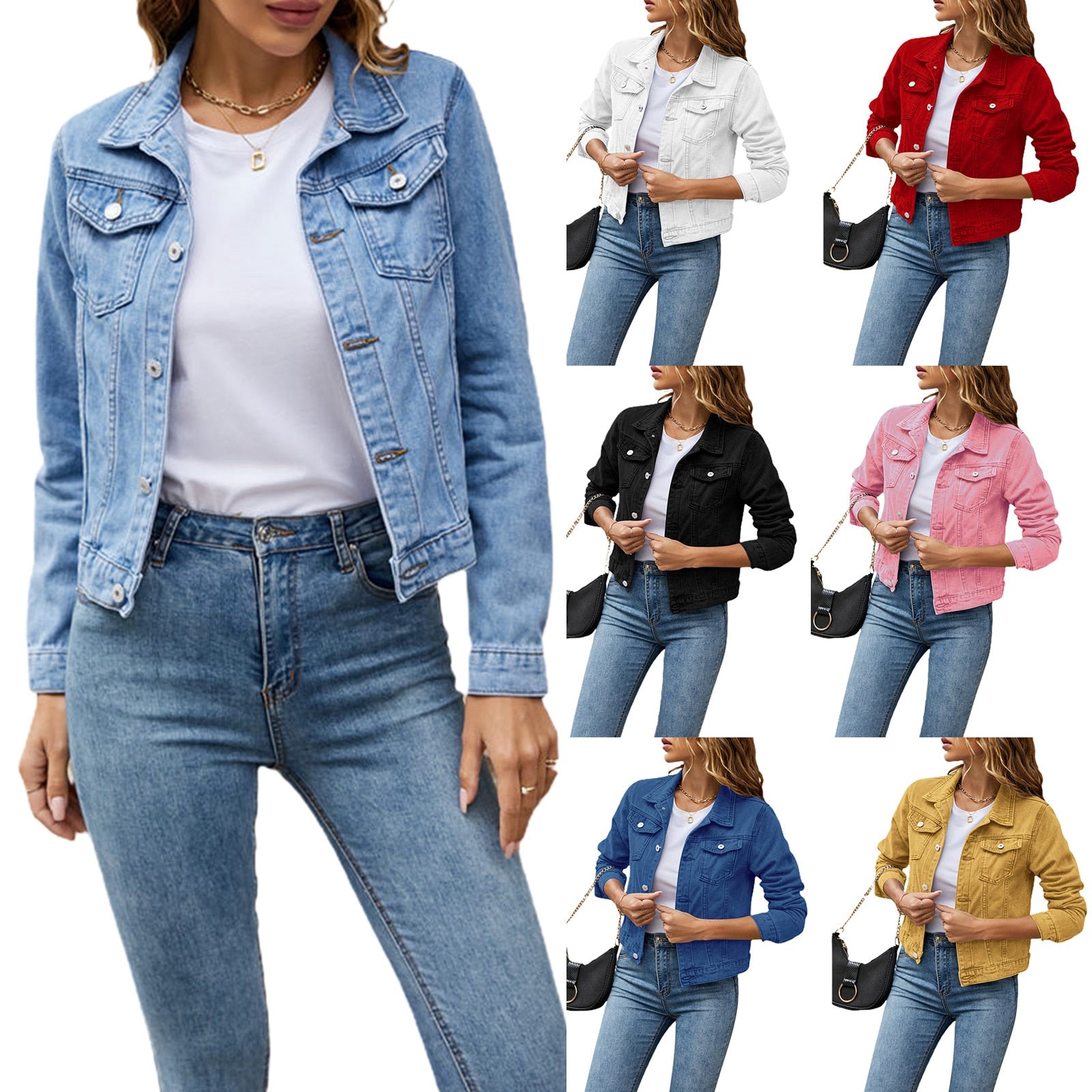 A stylish women's denim jacket featuring long sleeves, a slim fit, and a solid pattern, perfect for casual wear in fall and winter.